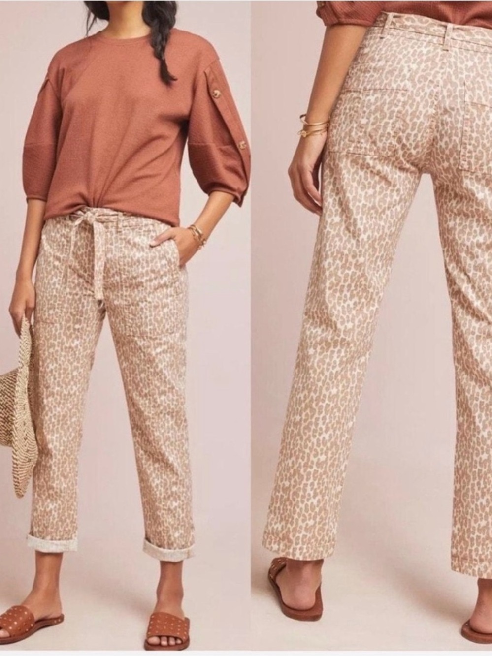 Anthropologie The Wanderer Utility Pants Women's Size 26 Tan Pink Leopard Print